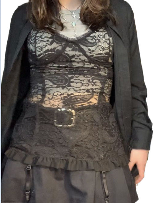 Amazon 2022 new pullover vintage eyelash lace black lace base perspective sexy fold wear Shapewear