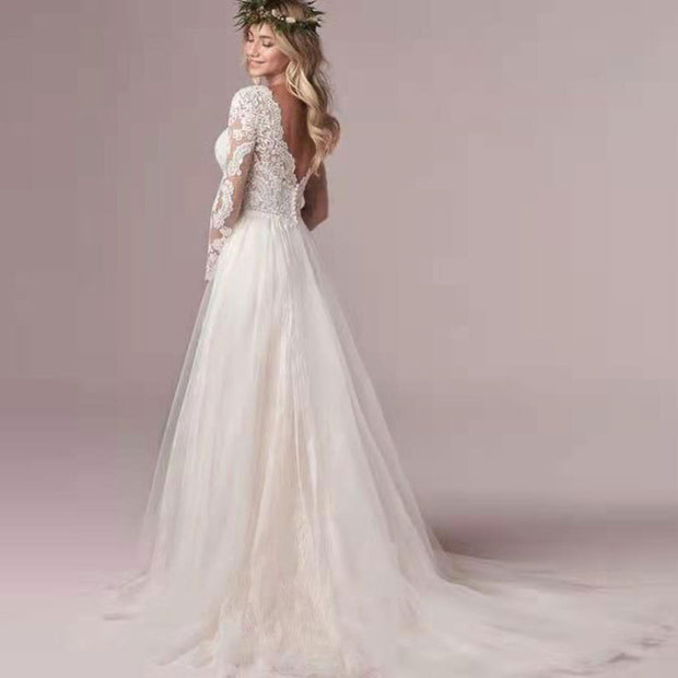 European and American foreign trade Amazon Express wish temperament wedding dress V neck long lace long sleeve wedding dress