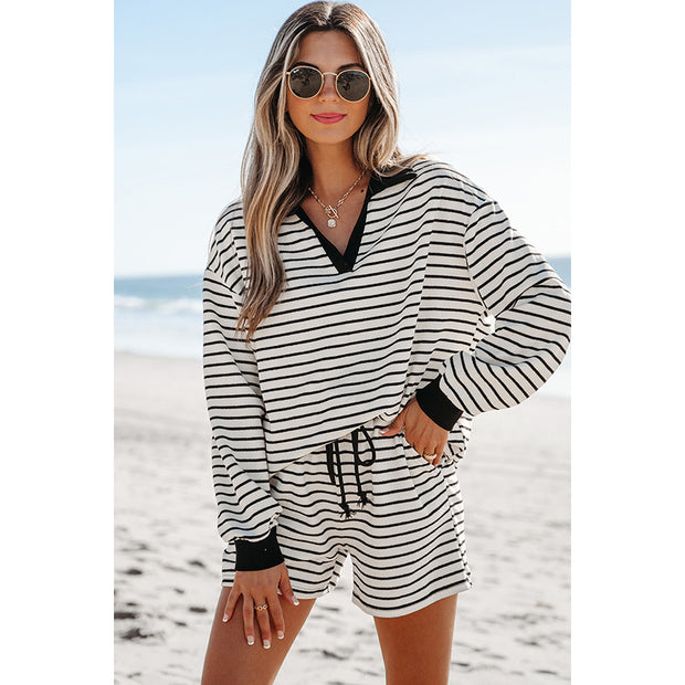 Autumn new striped intercolor fashion casual female hundred long sleeve hoodie shorts two-piece set