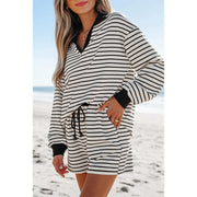 Autumn new striped intercolor fashion casual female hundred long sleeve hoodie shorts two-piece set