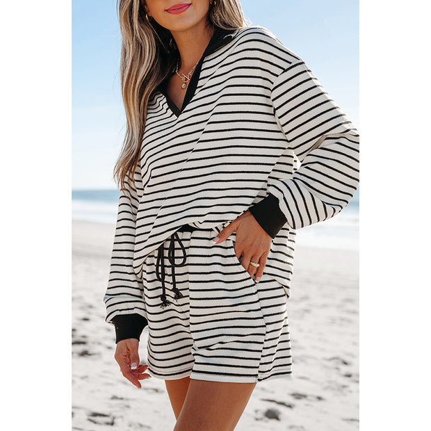 Autumn new striped intercolor fashion casual female hundred long sleeve hoodie shorts two-piece set