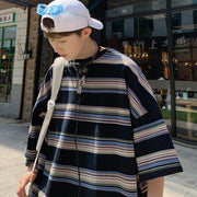 Striped short-sleeved men's summer Japanese fashion brand five-point sleeve versatile loose Hong Kong style T-shirt INSTAGRAM trend half-sleeved clothes