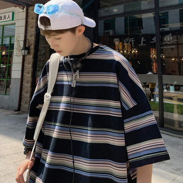 Striped short-sleeved men's summer Japanese fashion brand five-point sleeve versatile loose Hong Kong style T-shirt INSTAGRAM trend half-sleeved clothes
