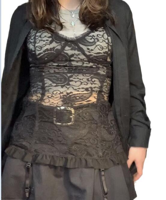 Amazon 2022 new pullover vintage eyelash lace black lace base perspective sexy fold wear Shapewear