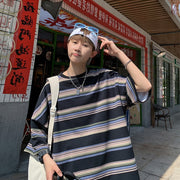 Striped short-sleeved men's summer Japanese fashion brand five-point sleeve versatile loose Hong Kong style T-shirt INSTAGRAM trend half-sleeved clothes
