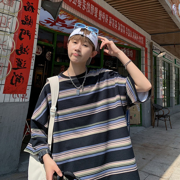 Striped short-sleeved men's summer Japanese fashion brand five-point sleeve versatile loose Hong Kong style T-shirt INSTAGRAM trend half-sleeved clothes