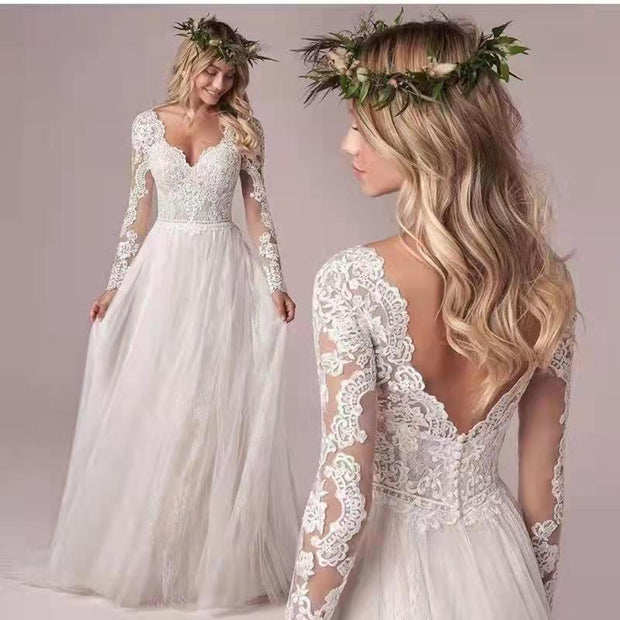 European and American foreign trade Amazon Express wish temperament wedding dress V neck long lace long sleeve wedding dress