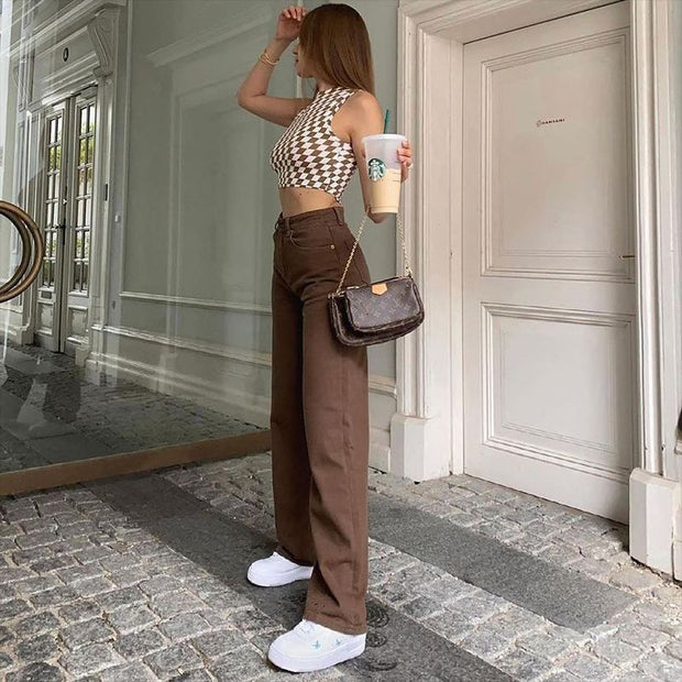 INS European and American vintage Straight leg high waist slim brown jeans for Women Fall 2021 A hair replacement