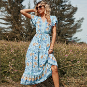 2022 Europe and the United States spring and summer new Lotus leaf short-sleeve V-neck strap pink printed mid-length women's dress wholesale