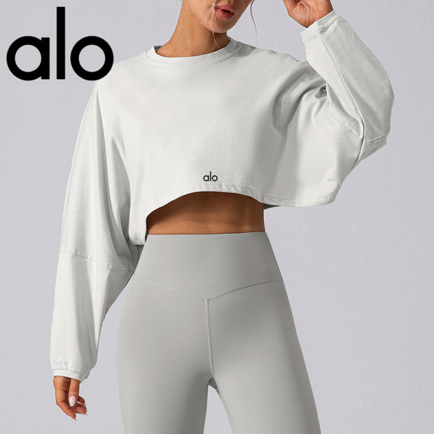 alo sports hoodie women's round neck short breathable fitness T-shirt with shoulder sleeve loose long sleeve top yoga top