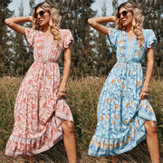 2022 Europe and the United States spring and summer new Lotus leaf short-sleeve V-neck strap pink printed mid-length women's dress wholesale