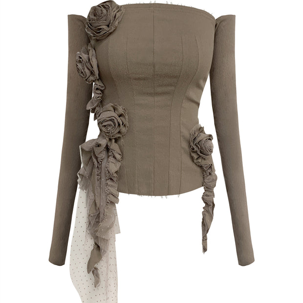 Women's Floral Decorative Slim One-shoulder Bustier Bottoming Tops