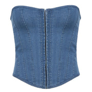 2023 spring and summer Amazon Europe and the United States new women's wavy collar fish bone slim strap solid color denim chest wipe vest
