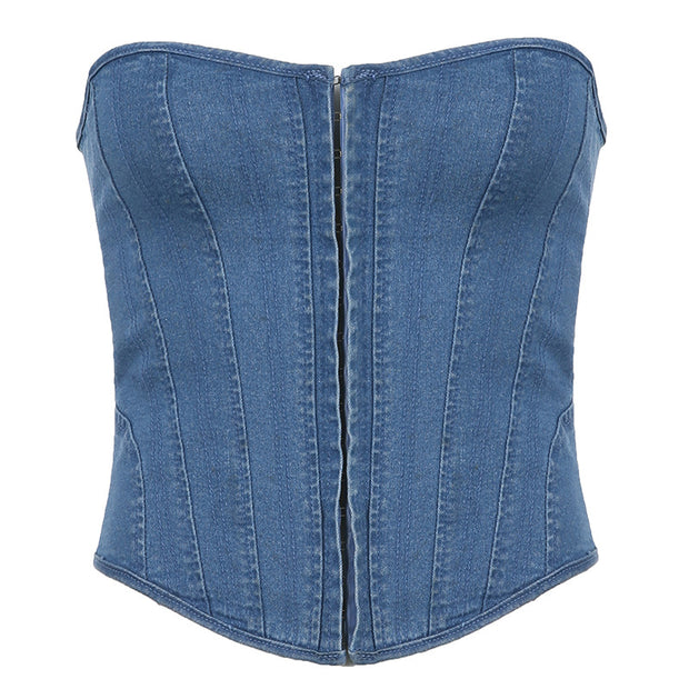 2023 spring and summer Amazon Europe and the United States new women's wavy collar fish bone slim strap solid color denim chest wipe vest