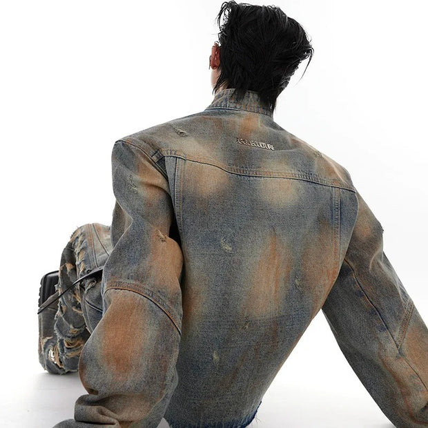 Damaged Denim Coat Distressed Jacket Slightly Flared Jeans