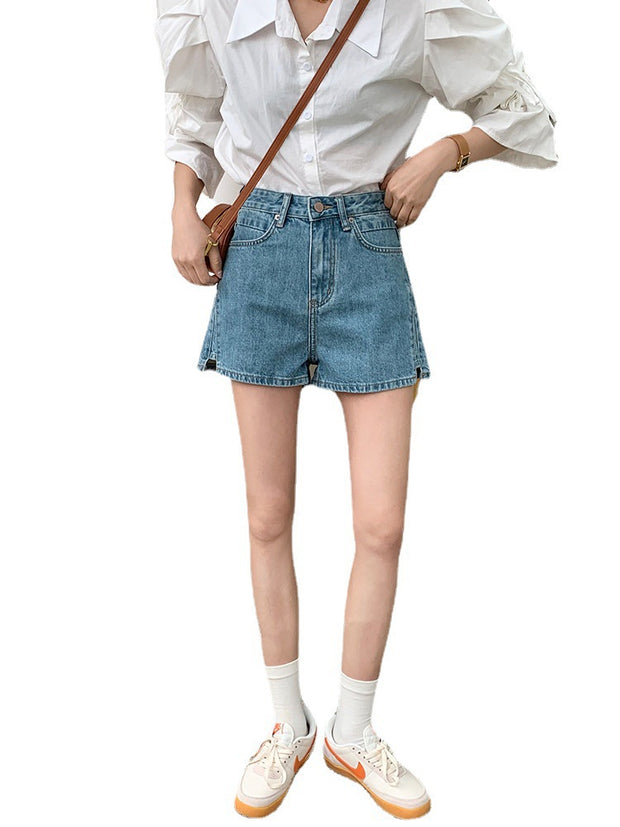 Denim shorts women summer new elastic fashion thin hot pants European high waist A line wide leg pants women