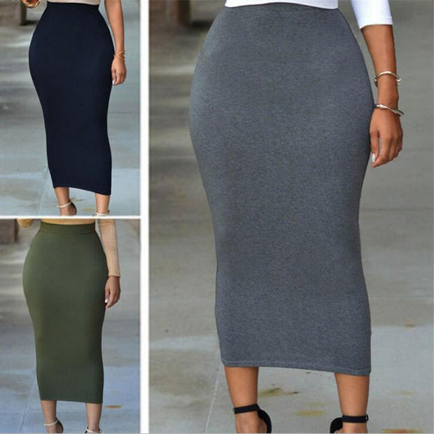 Europe and the United States autumn solid color elasticated waist waist tight skirt MIDI skirt