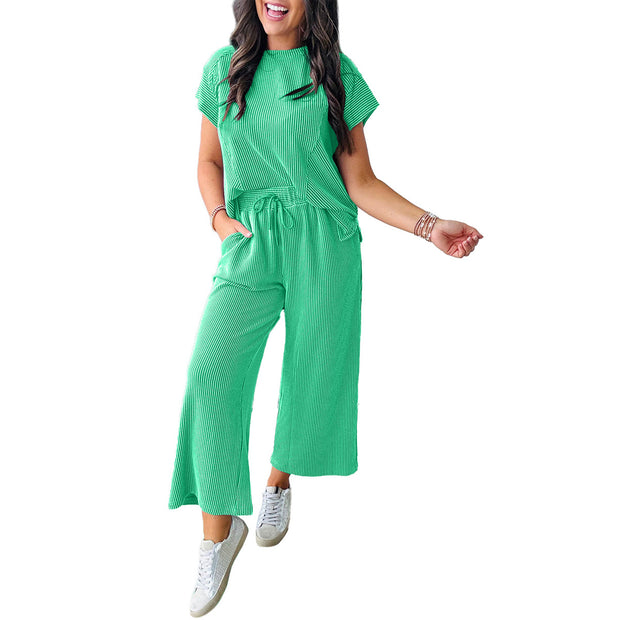 Summer new solid color loose casual women fashion multi-pocket short-sleeved two-piece women