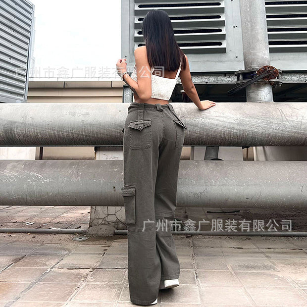 Summer 2022 European and American INS Amazon Wish Grey Leisure Belt Multi-pocket cargo jeans pants Women 6688