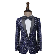 Men's dress glitter change color flash bar DJ nightclub stage show suit host singer navy blue coat