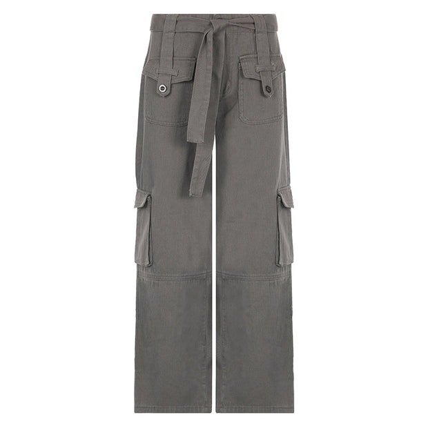 Summer 2022 European and American INS Amazon Wish Grey Leisure Belt Multi-pocket cargo jeans pants Women 6688