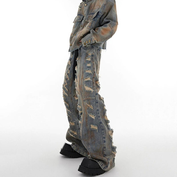 Damaged Denim Coat Distressed Jacket Slightly Flared Jeans