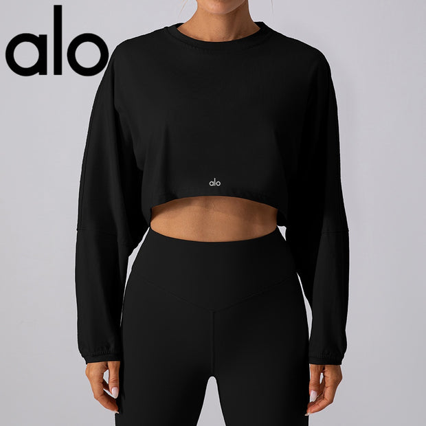 alo sports hoodie women's round neck short breathable fitness T-shirt with shoulder sleeve loose long sleeve top yoga top