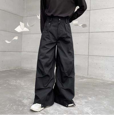 Autumn and winter niche dark deconstructed fold loose wide leg mopping men's and women's trousers trend rivet design sense straight tide