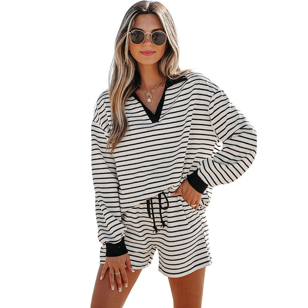 Autumn new striped intercolor fashion casual female hundred long sleeve hoodie shorts two-piece set