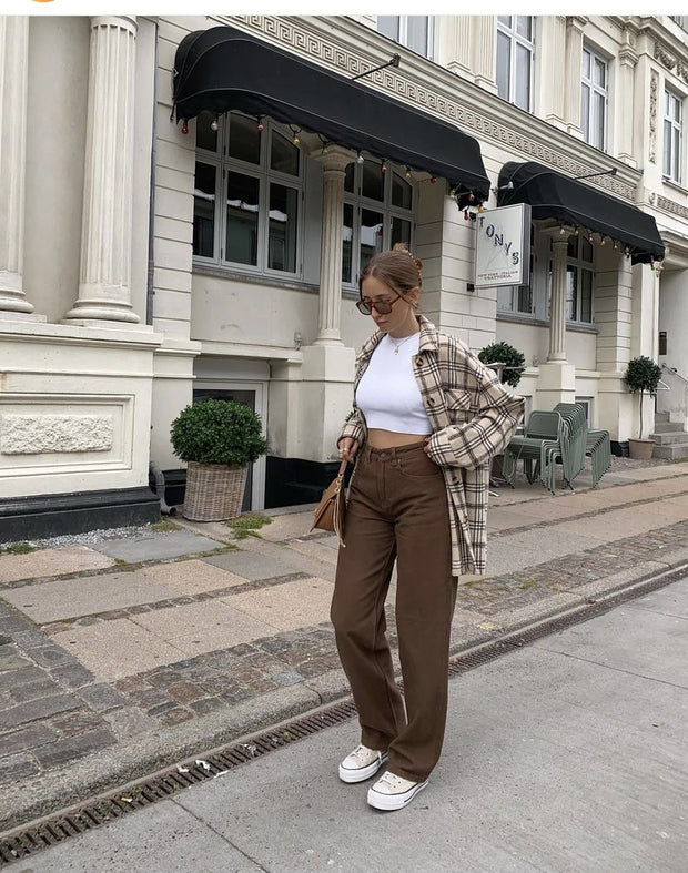 INS European and American vintage Straight leg high waist slim brown jeans for Women Fall 2021 A hair replacement