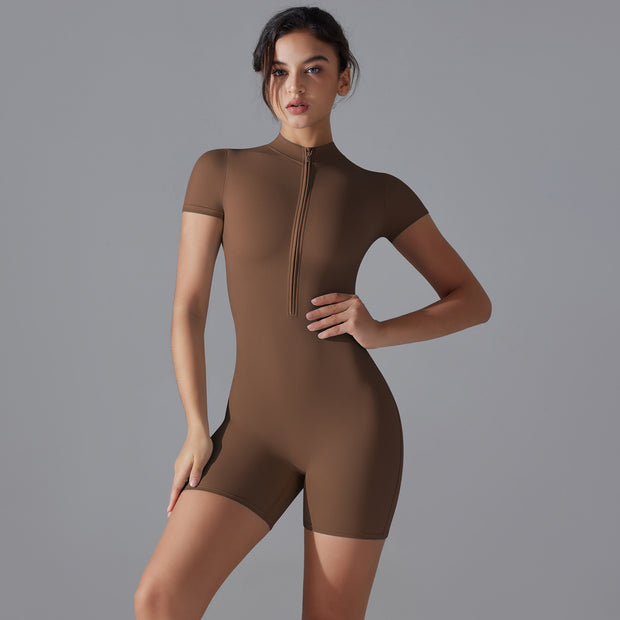 New summer zipper short sleeve shorts yoga jumpsuit female dance fitness tight sports jumpsuit