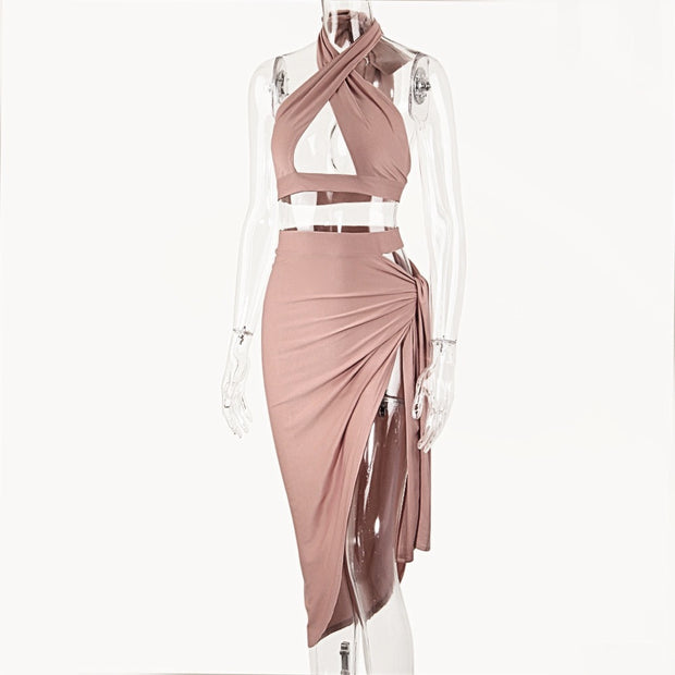 European and American cross-border foreign trade women's two-piece sexy hollow design hanging neck vest slit skirt set