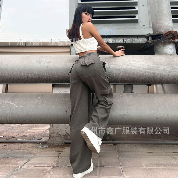 Summer 2022 European and American INS Amazon Wish Grey Leisure Belt Multi-pocket cargo jeans pants Women 6688