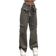 Summer 2022 European and American INS Amazon Wish Grey Leisure Belt Multi-pocket cargo jeans pants Women 6688