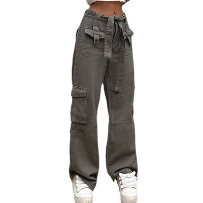 Summer 2022 European and American INS Amazon Wish Grey Leisure Belt Multi-pocket cargo jeans pants Women 6688