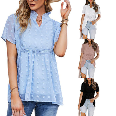 Amazon European and American summer 2021 Hair ball embroidered Chiffon and lined with spliced lace v-neck shirt