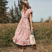 2022 Europe and the United States spring and summer new Lotus leaf short-sleeve V-neck strap pink printed mid-length women's dress wholesale