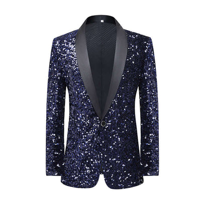 Men's dress glitter change color flash bar DJ nightclub stage show suit host singer navy blue coat