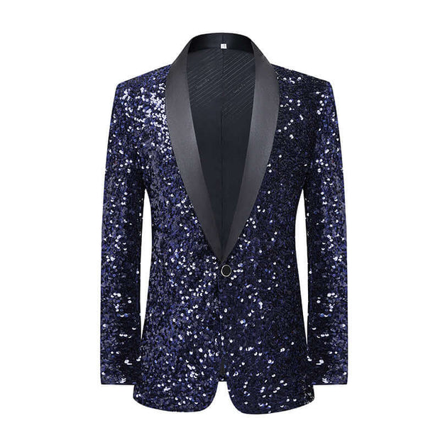 Men's dress glitter change color flash bar DJ nightclub stage show suit host singer navy blue coat