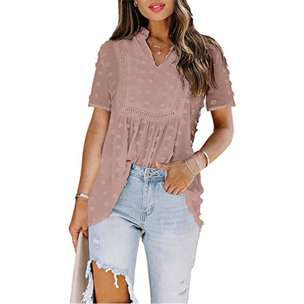 Amazon European and American summer 2021 Hair ball embroidered Chiffon and lined with spliced lace v-neck shirt