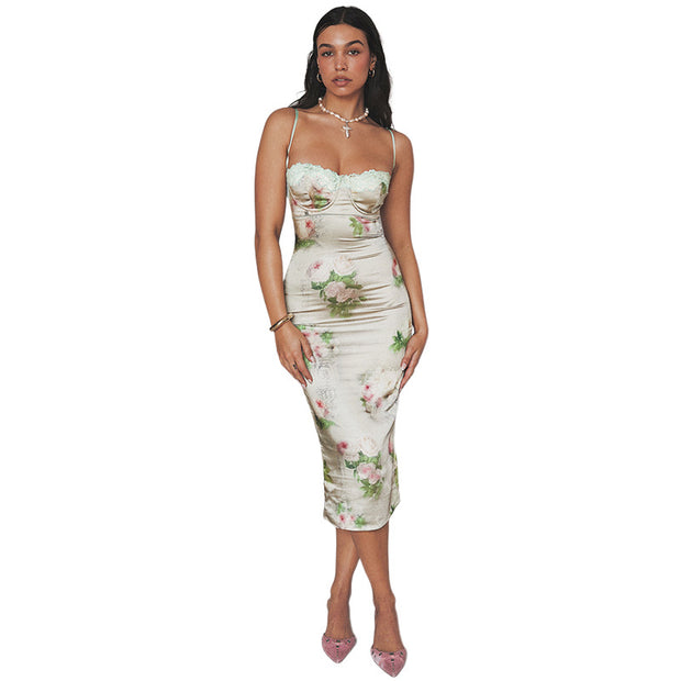 European-american style 2023 summer new cross-border women's suspender one-line collar lace stitching print slim dress female