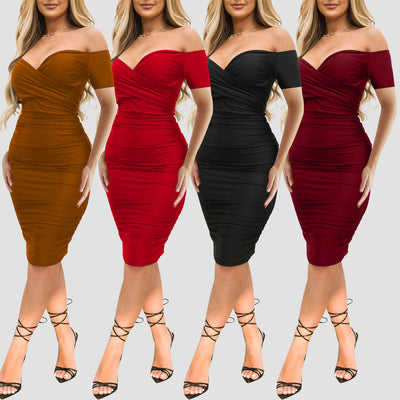 Shoulder Midi Dress Ruched Bodycon Dresses
