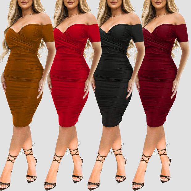 Shoulder Midi Dress Ruched Bodycon Dresses