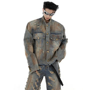 Damaged Denim Coat Distressed Jacket Slightly Flared Jeans