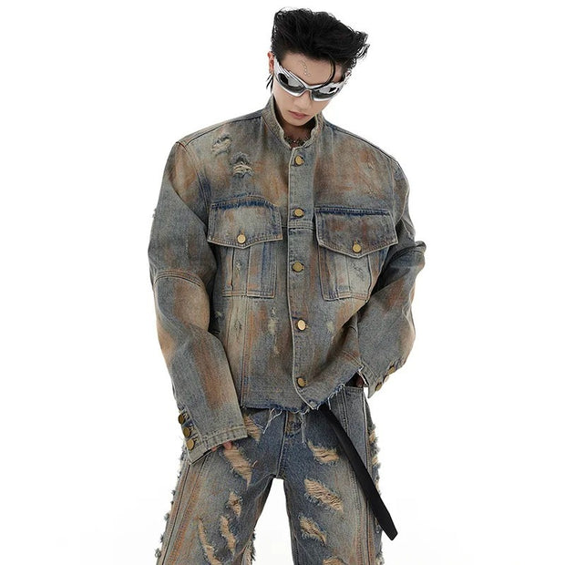 Damaged Denim Coat Distressed Jacket Slightly Flared Jeans