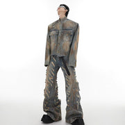 Damaged Denim Coat Distressed Jacket Slightly Flared Jeans