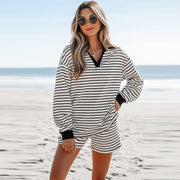 Autumn new striped intercolor fashion casual female hundred long sleeve hoodie shorts two-piece set