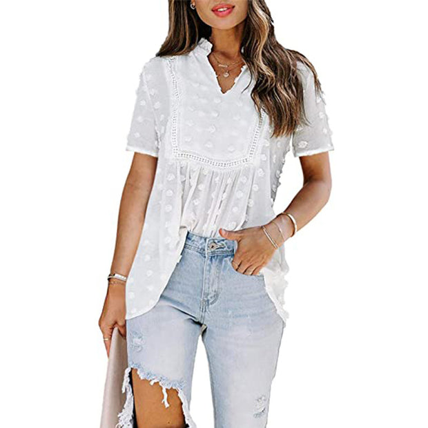 Amazon European and American summer 2021 Hair ball embroidered Chiffon and lined with spliced lace v-neck shirt