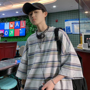 Striped short-sleeved men's summer Japanese fashion brand five-point sleeve versatile loose Hong Kong style T-shirt INSTAGRAM trend half-sleeved clothes