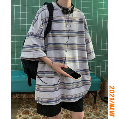 Striped short-sleeved men's summer Japanese fashion brand five-point sleeve versatile loose Hong Kong style T-shirt INSTAGRAM trend half-sleeved clothes